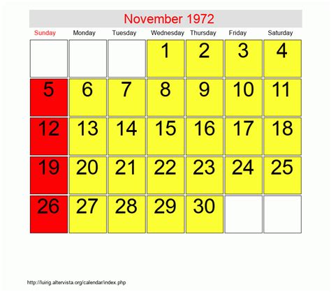 Calendar For November 1972